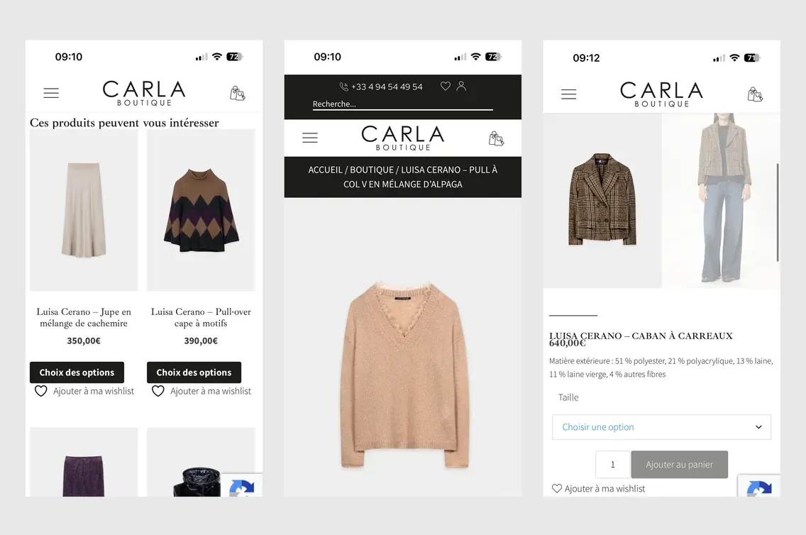 carla boutique, pages du site